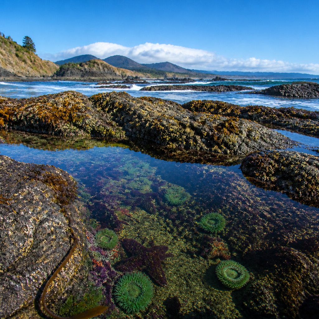 Aerial view of rocky rocky Oregon coast tide pools filled with marine life and clear water under a bright sky.
