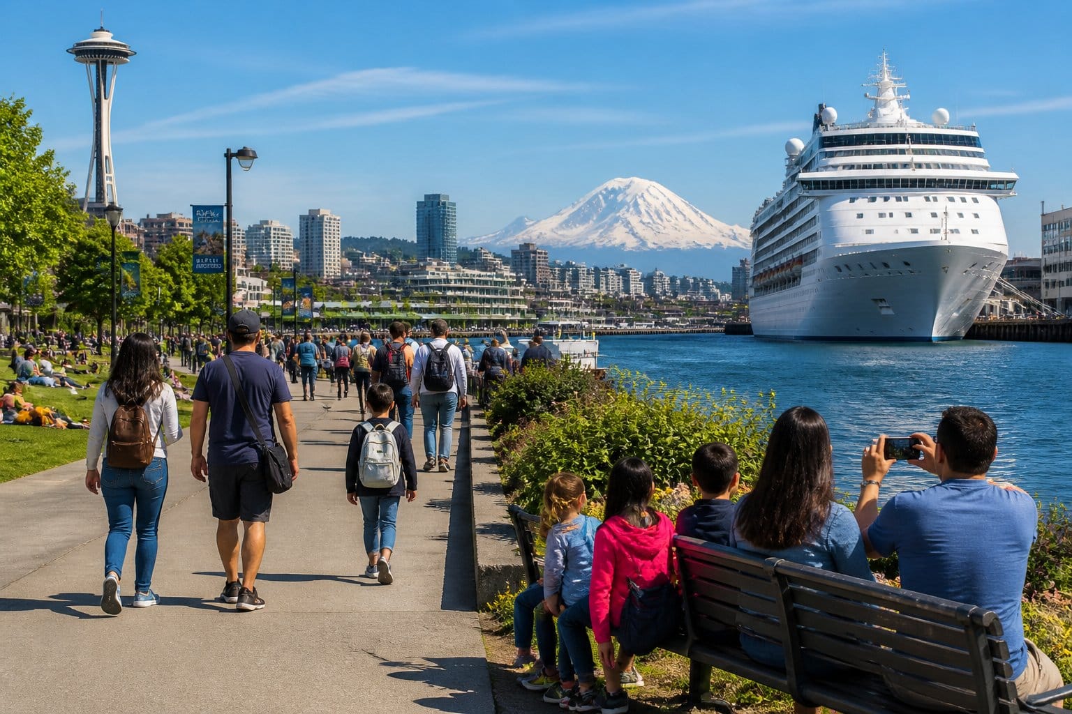 Families enjoying a sunny day at the Seattle waterfront with a cruise ship docked and the Space Needle and mountains in the background.