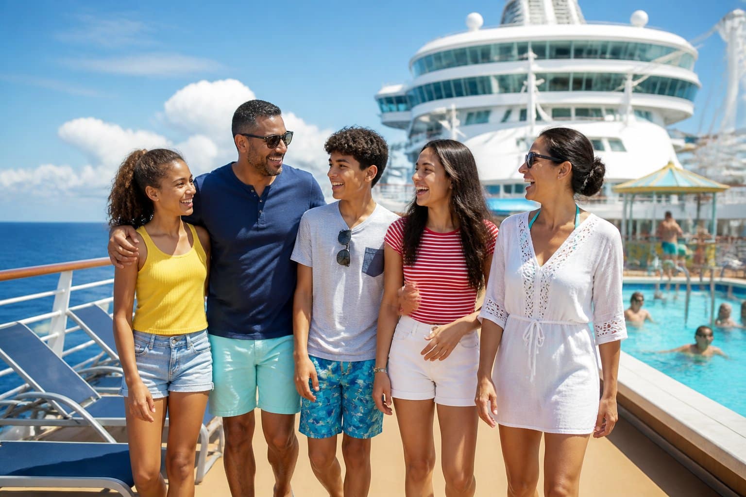 A family with teenagers smiling and enjoying time together on the deck of a cruise ship with ocean and clear sky in the background.