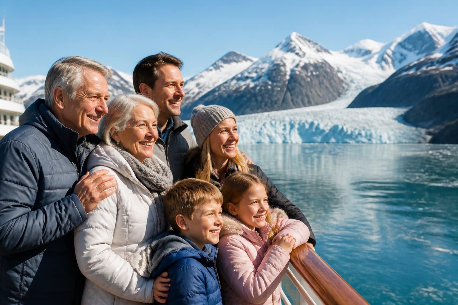 A multi-generational family on the deck of a cruise ship in Alaska, with snow-capped mountains and glaciers in the background.
