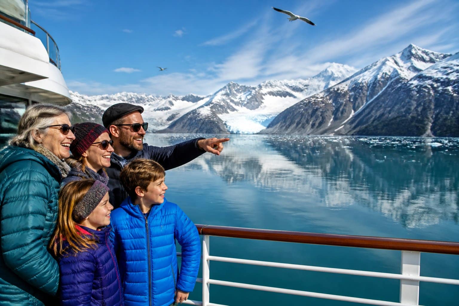 A multi-generational family on a cruise ship deck looking at snow-capped mountains and glaciers over calm blue water.