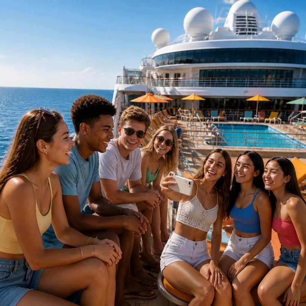Group of teenagers enjoying activities on a cruise ship deck overlooking the ocean on a sunny day.