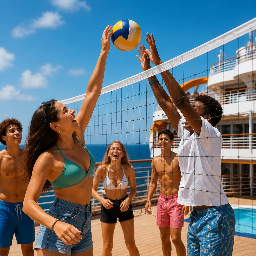 A group of diverse teenagers enjoying activities and socializing on the outdoor deck of a cruise ship with the ocean in the background.