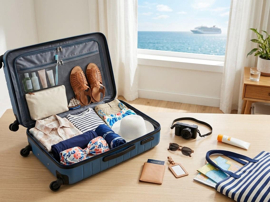 An open suitcase arranged with clothing, toiletries, travel accessories, and cruise vacation items.