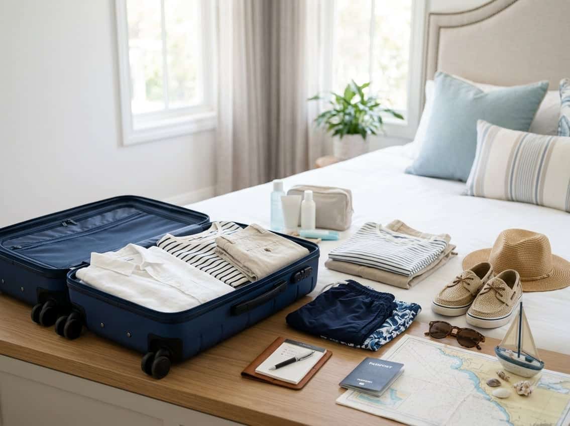 An open suitcase surrounded by neatly arranged cruise travel essentials and subtle nautical items.