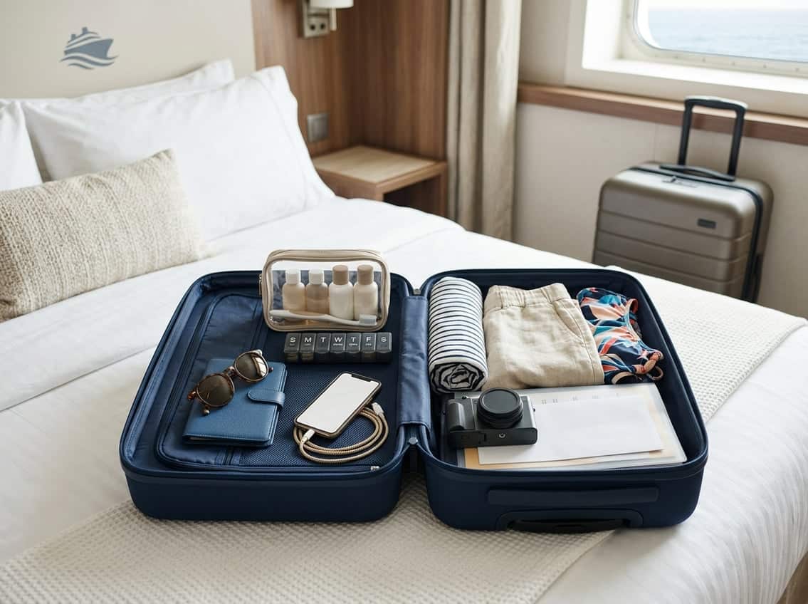 An organized carry-on suitcase holds travel essentials on a cruise ship cabin bed.