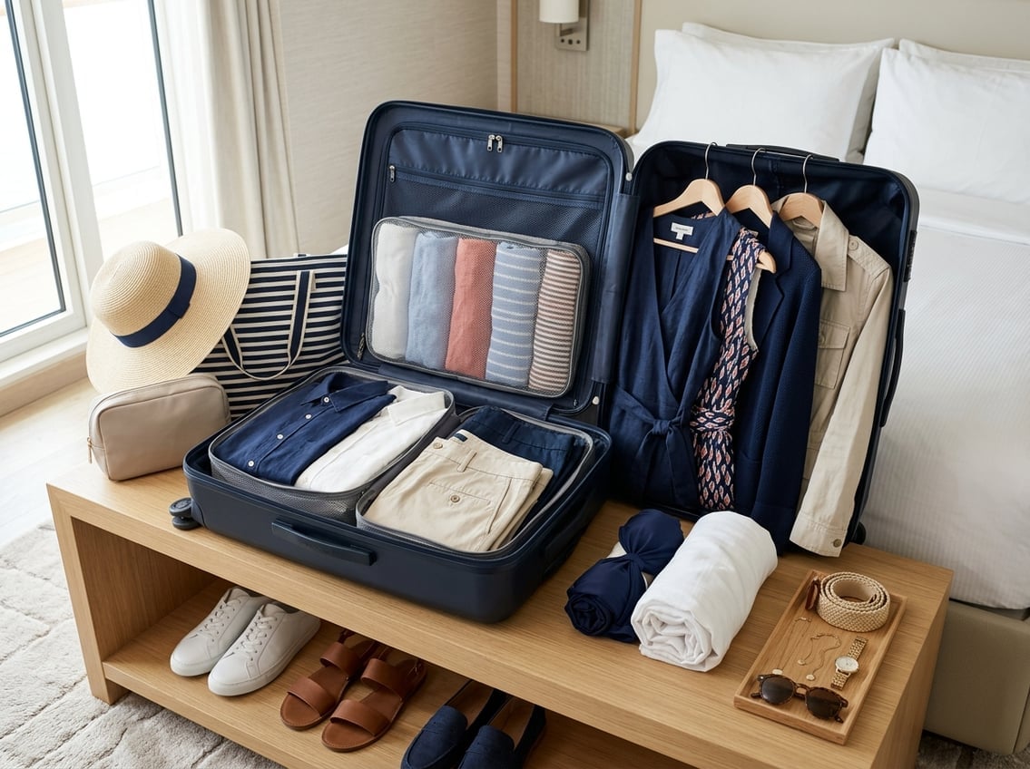 An open suitcase displays coordinated daytime and evening clothing, shoes, accessories, and packing organizers.