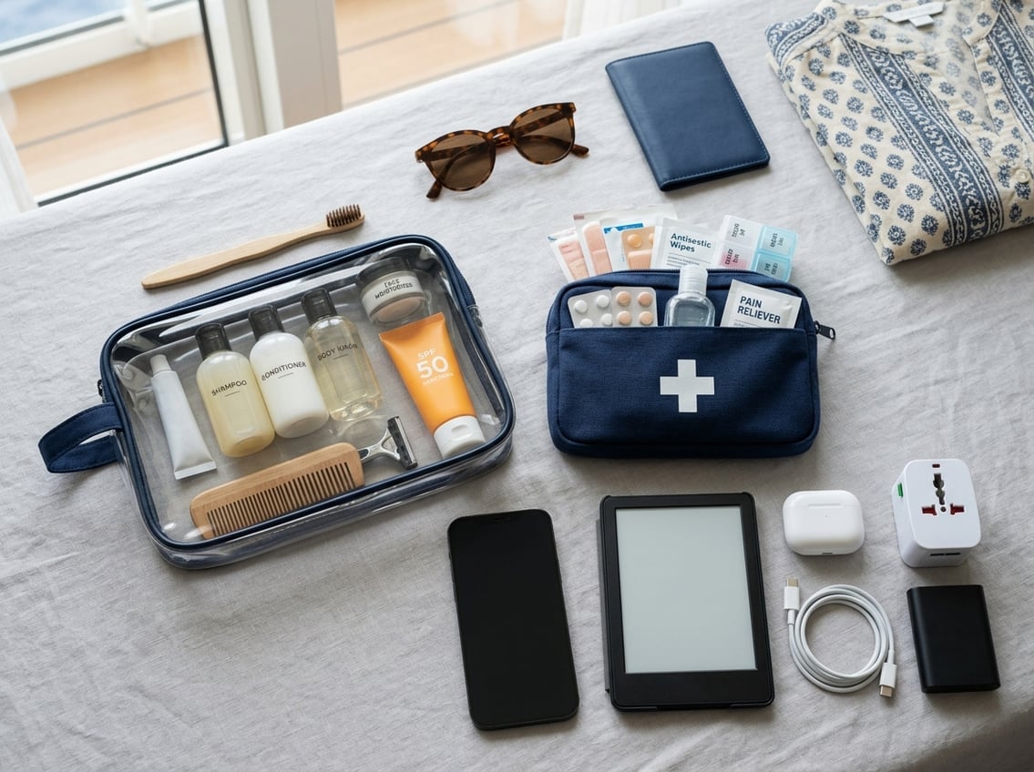 An organized collection of toiletries, health supplies, and electronic travel essentials arranged for a cruise.