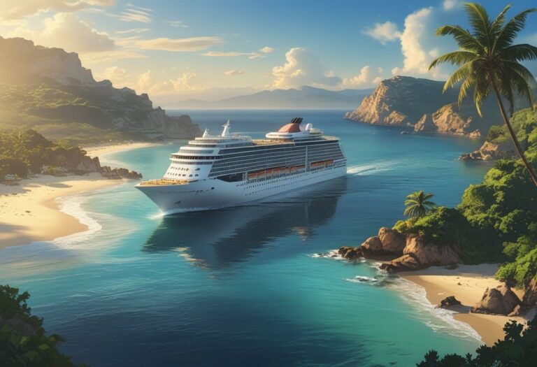 A modern cruise ship sails along the sunny Mexican Riviera past palm-lined beaches, rocky cliffs, and turquoise water.