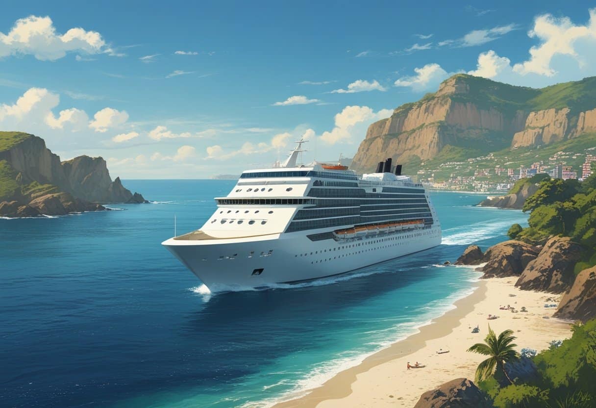 A cruise ship sailing past the tropical cliffs and coastal towns of Mexico’s Pacific coast.