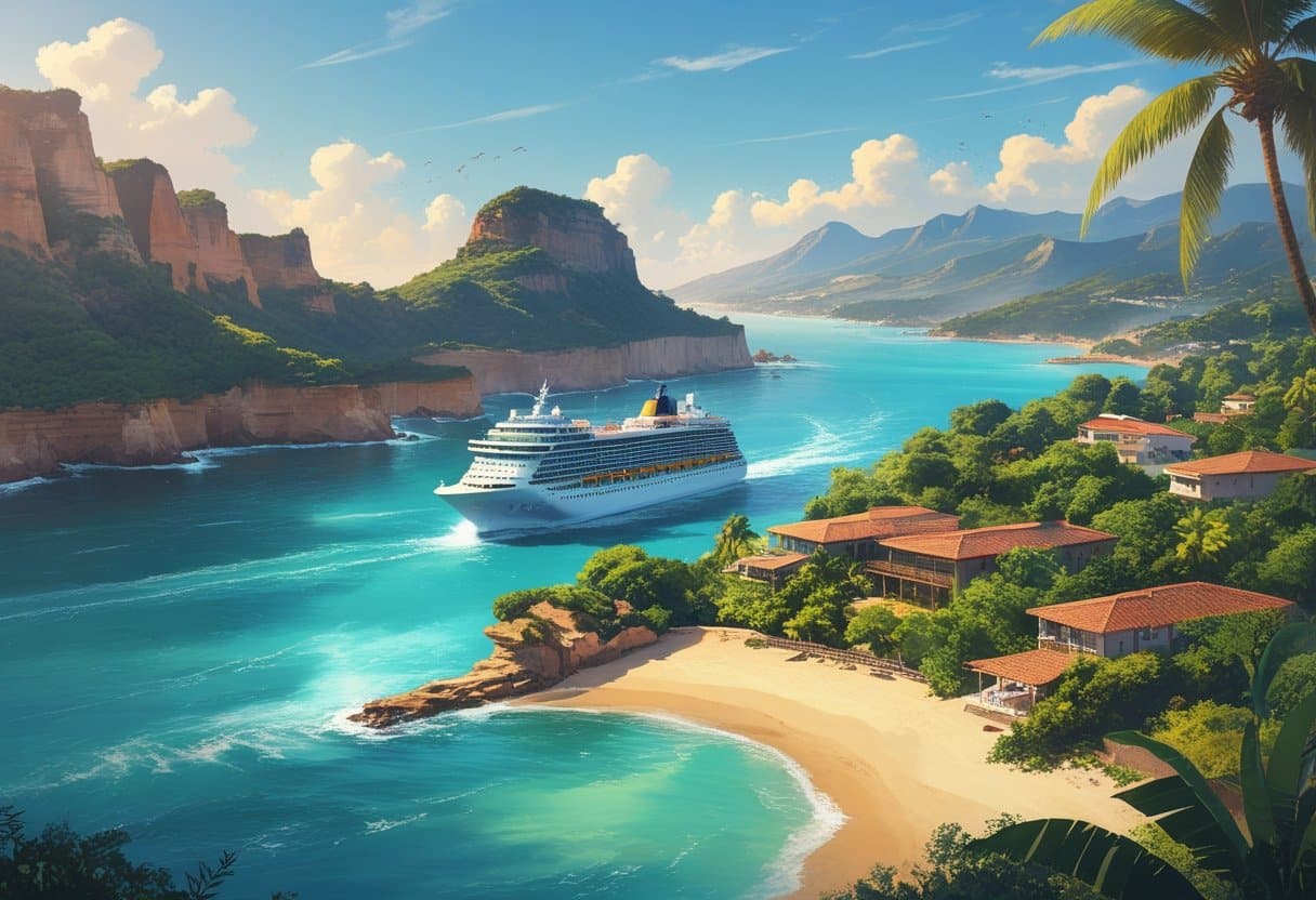 A cruise ship sails along Mexico’s Pacific coast past beaches, cliffs, tropical greenery, and distant mountains.