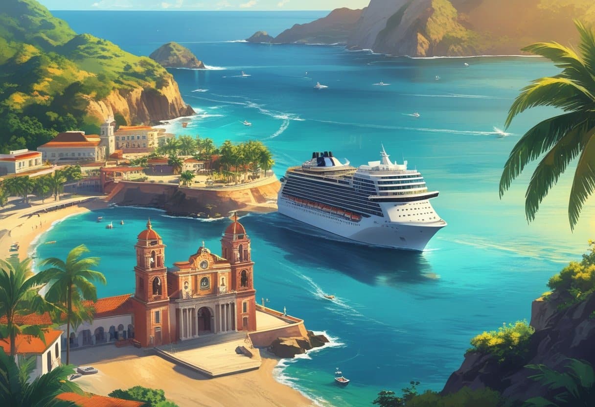 A cruise ship approaches a sunny Mexican coastal port with beaches, palm trees, colorful buildings, boats, and tropical hills.