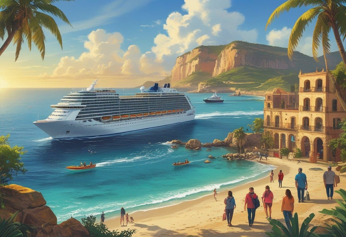 Travelers enjoy beach, cultural, market, and boating activities along the Mexican Riviera near a cruise ship.