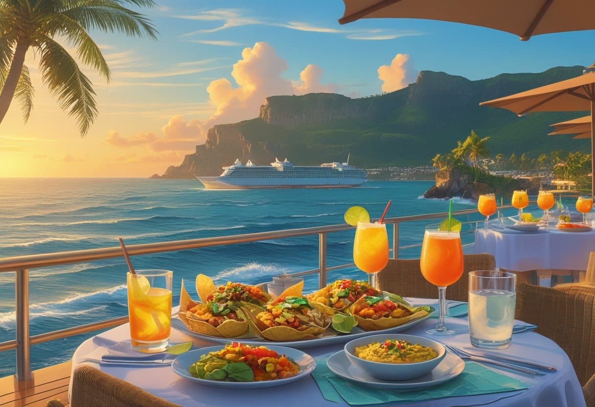 A cruise ship dining table with Mexican food and tropical drinks overlooking the Mexican Riviera coastline at sunset.