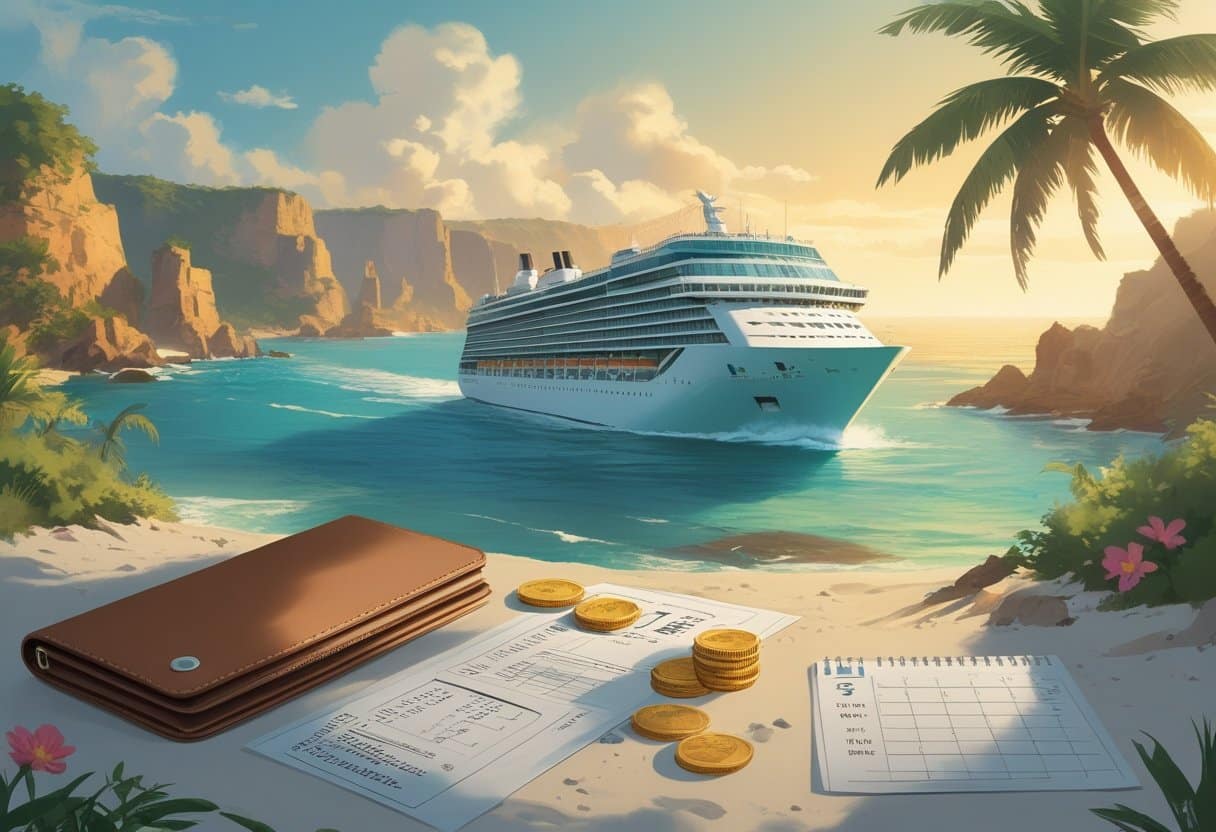 A cruise ship sails along the Mexican Riviera beside tropical beaches, with travel planning items in the foreground.