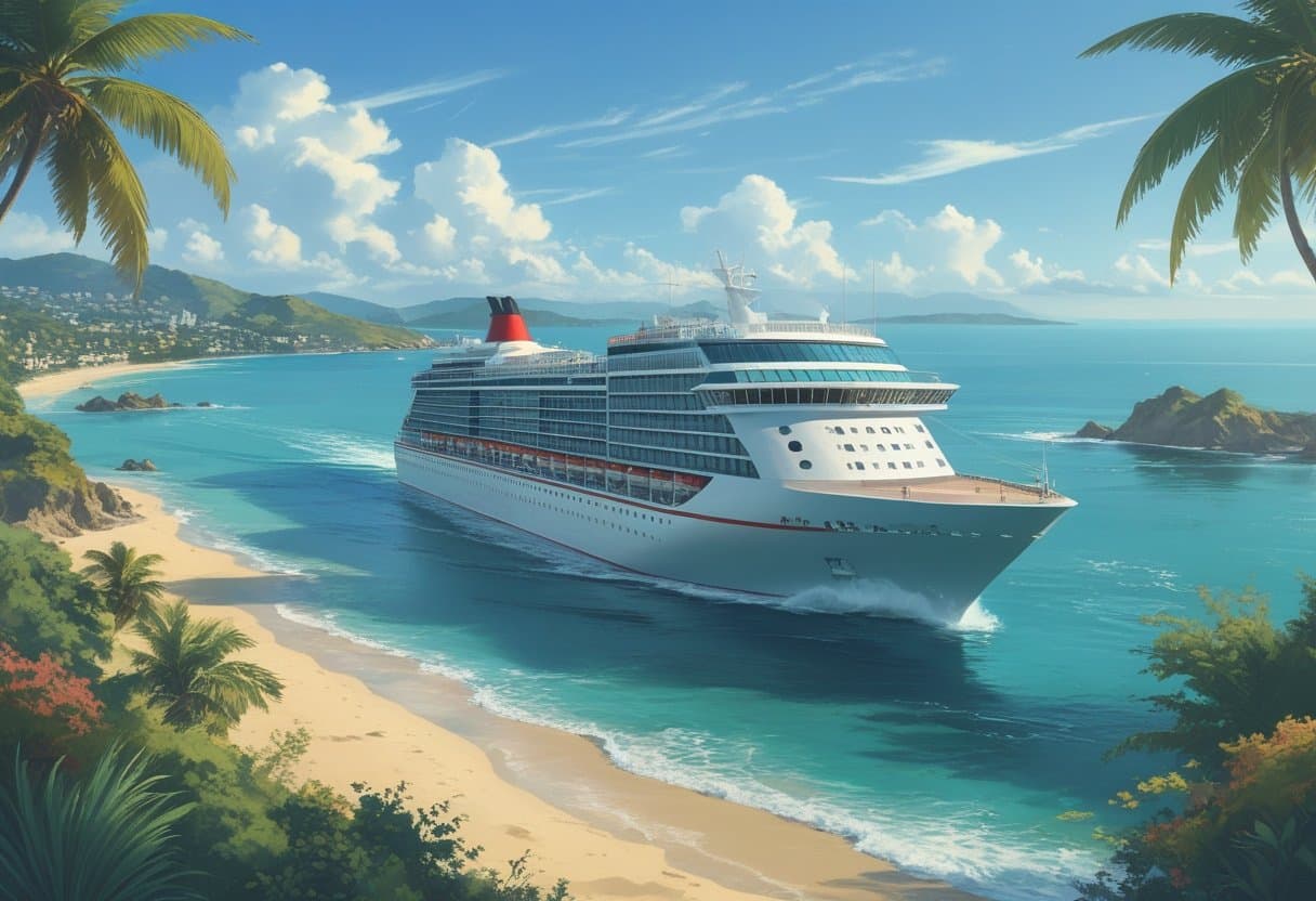 A cruise ship sailing along Mexico’s sunny Pacific coastline with beaches, palm trees, and coastal hills.