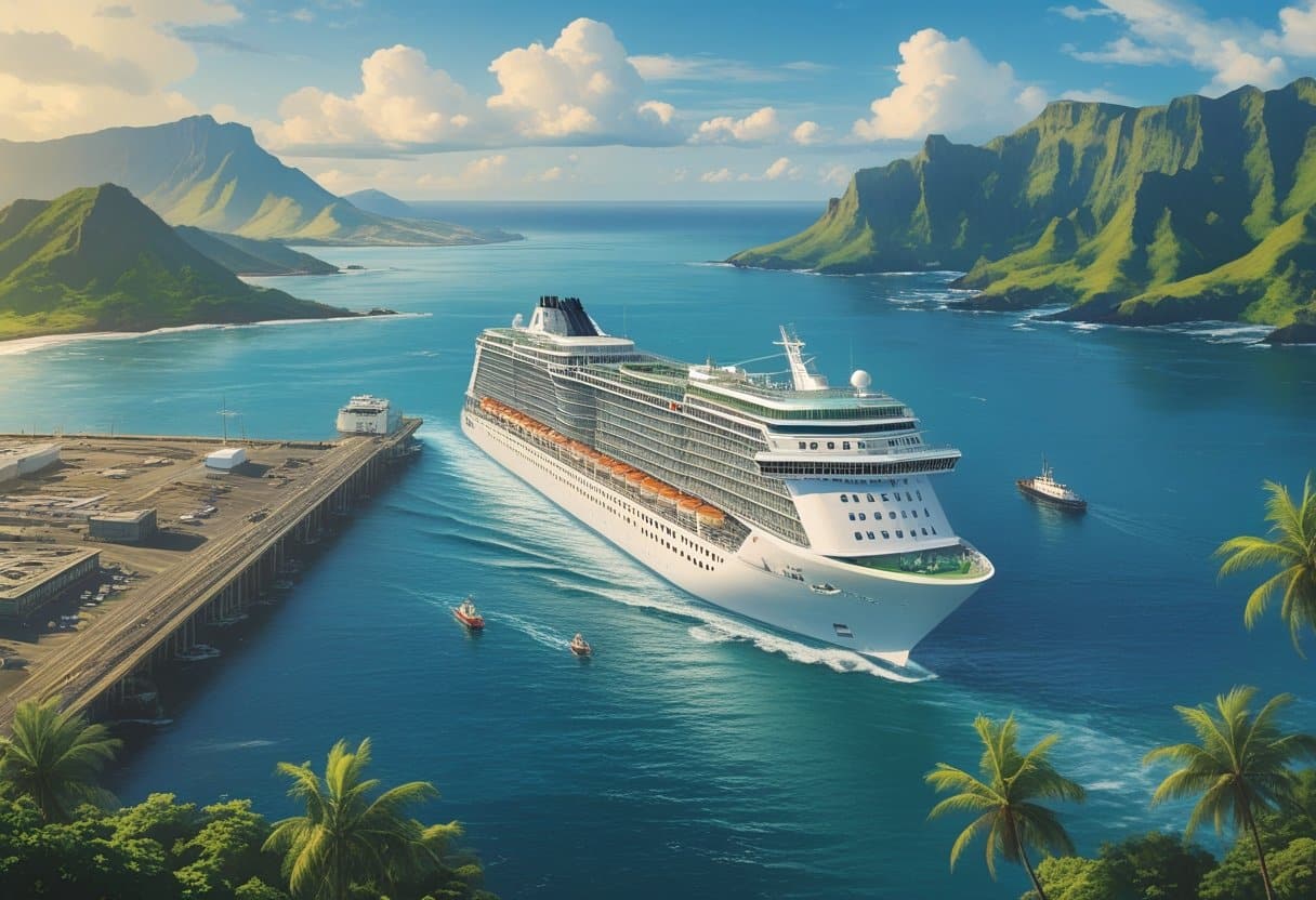 A modern cruise ship leaves a tropical Hawaiian harbor surrounded by mountains, palm trees, and blue Pacific waters.