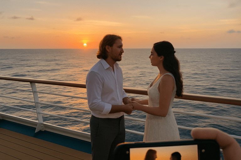 Couple exchanging vows at sea during a cruise wedding