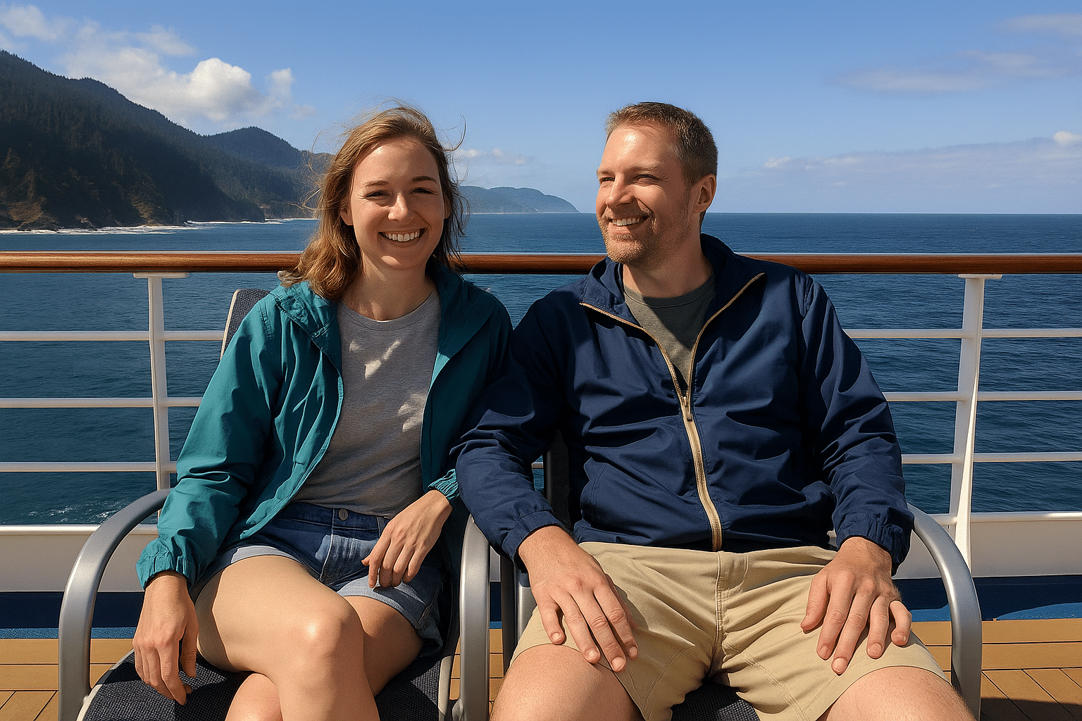 Couple on a cruise deck dressed casually