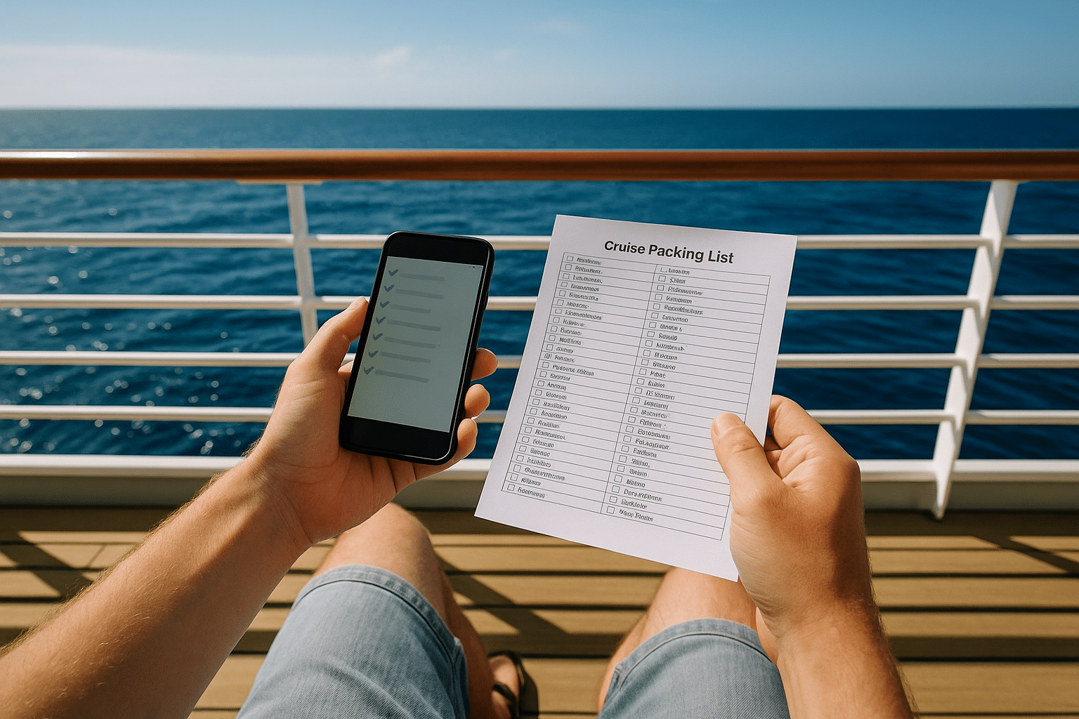 Traveler checking a packing list on a cruise ship deck