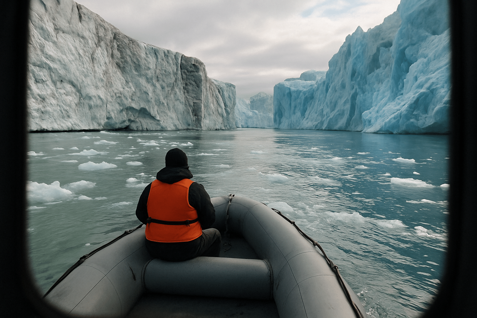 Boat cruising near glaciers in Alaska.