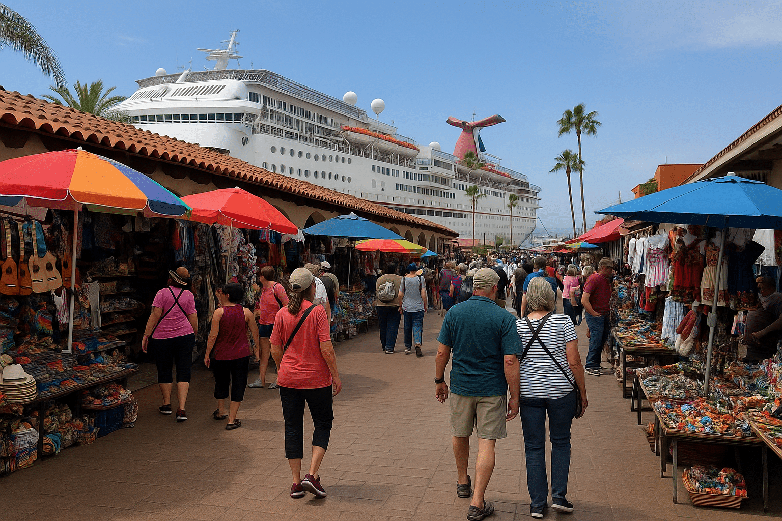 Cruise passengers exploring shops at Ensenada Cruise Port.