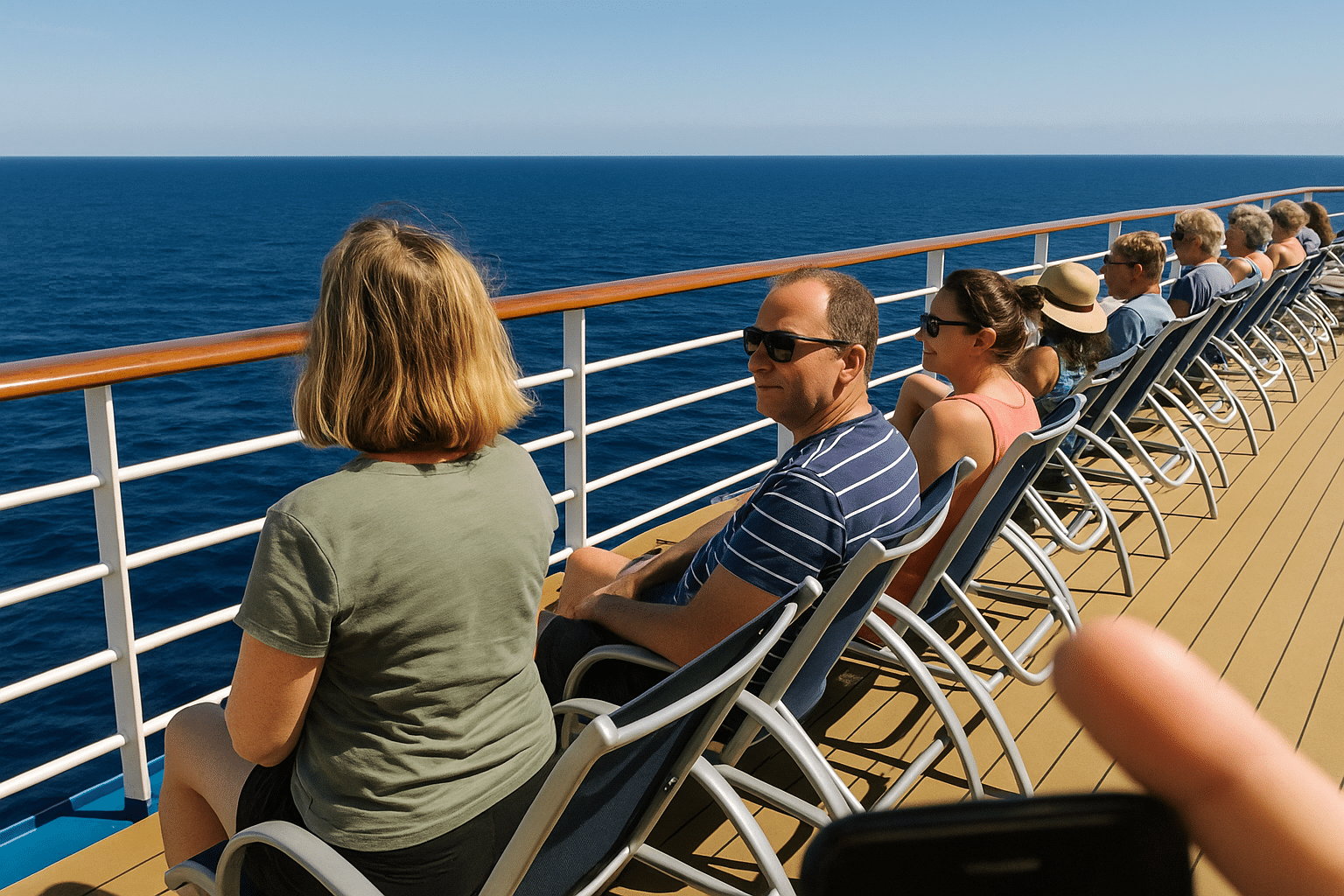 Cruise attendees in summer outfits on deck