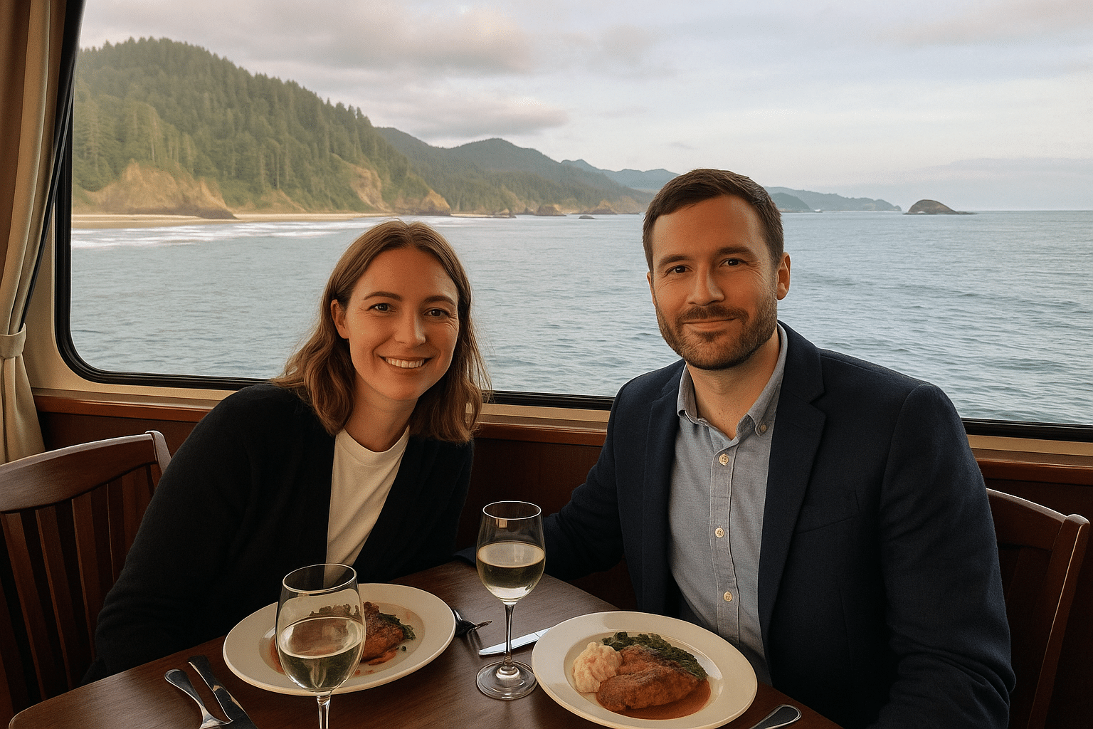Couple in smart-casual attire on Oregon Coast dinner cruise.