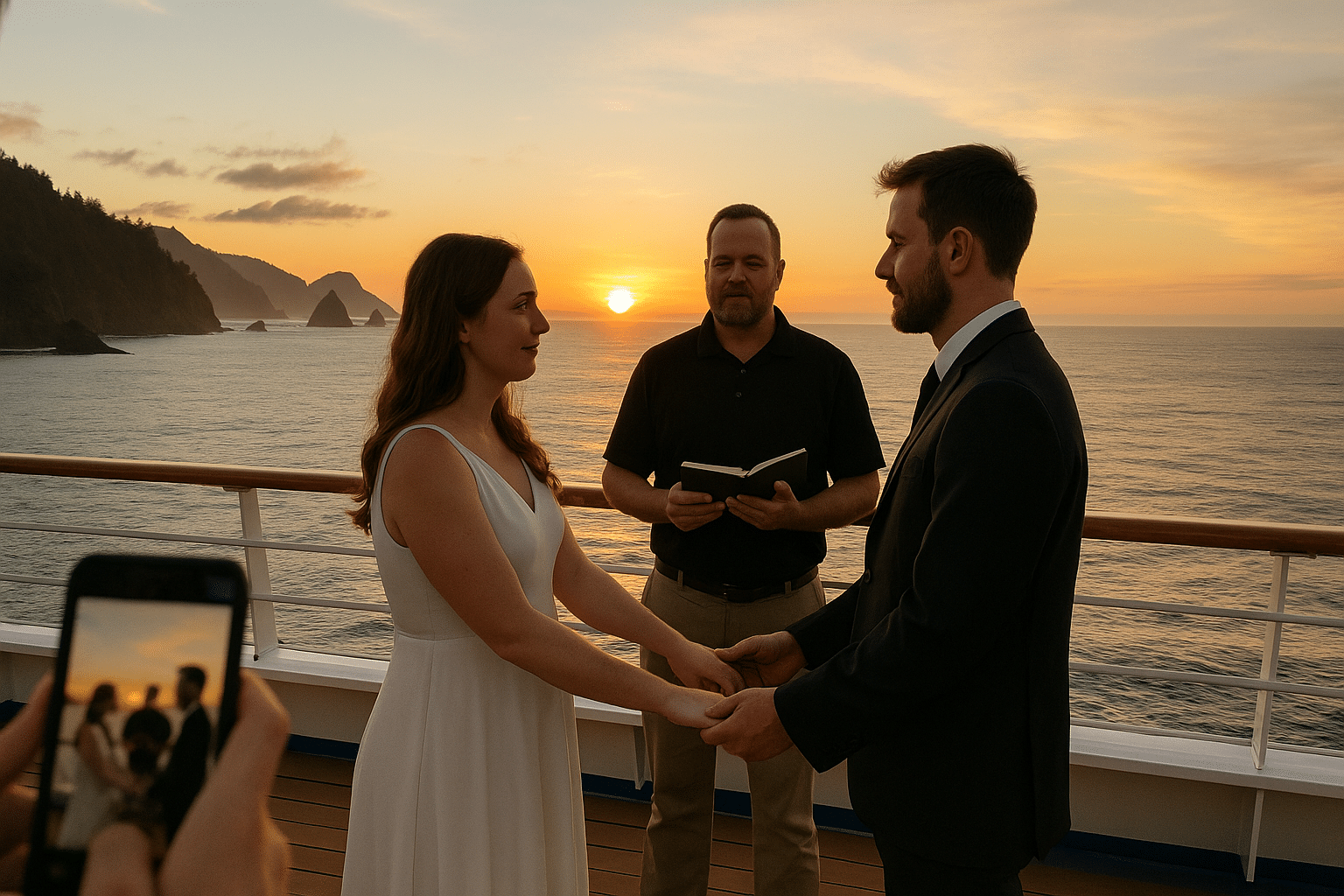 Couple getting married on a cruise wedding at sunset on the Oregon Coast.