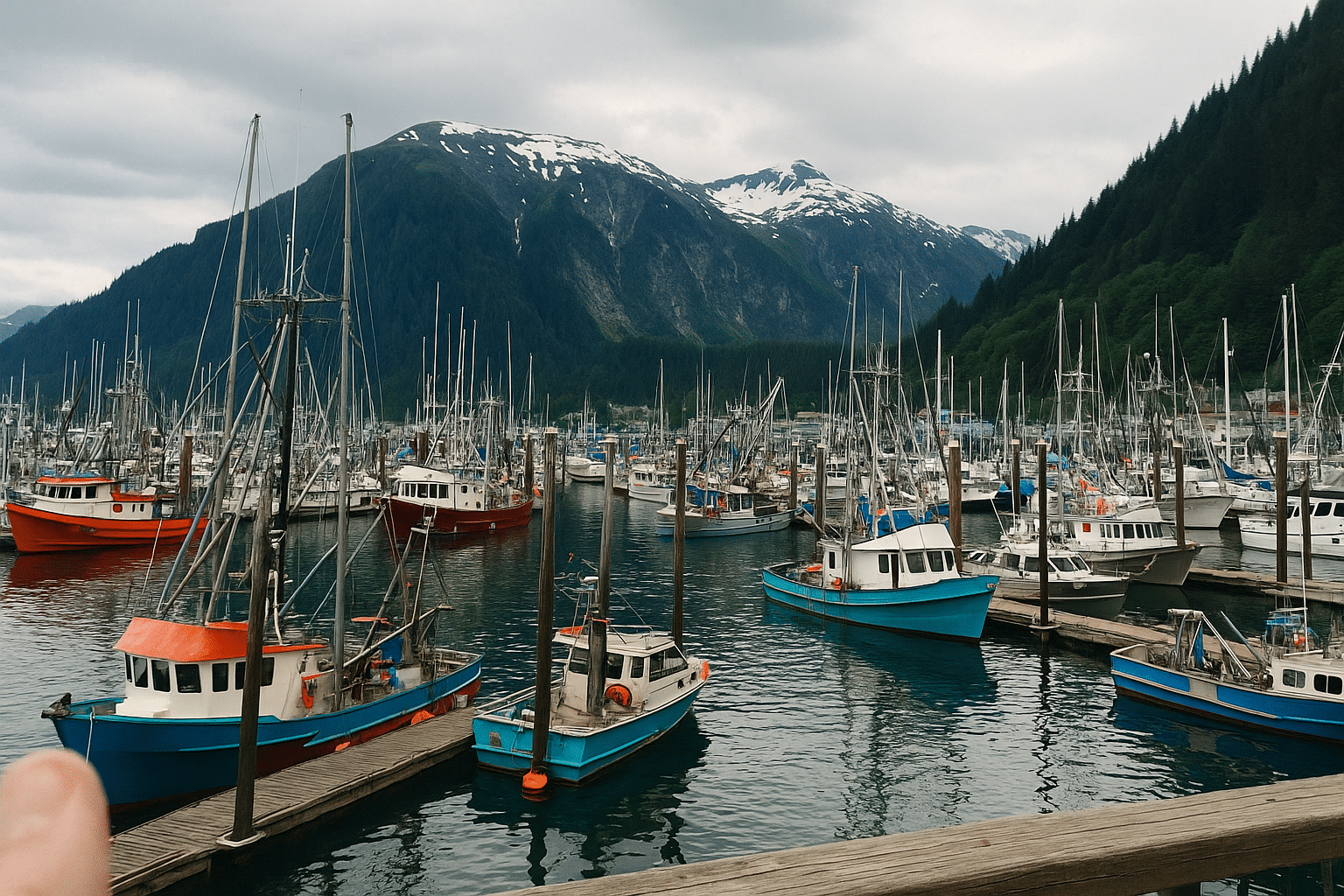 Juneau Alaska cruise port with fishing boats and mountains