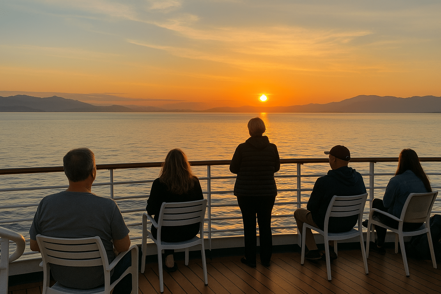 Passengers watching sunset at sea