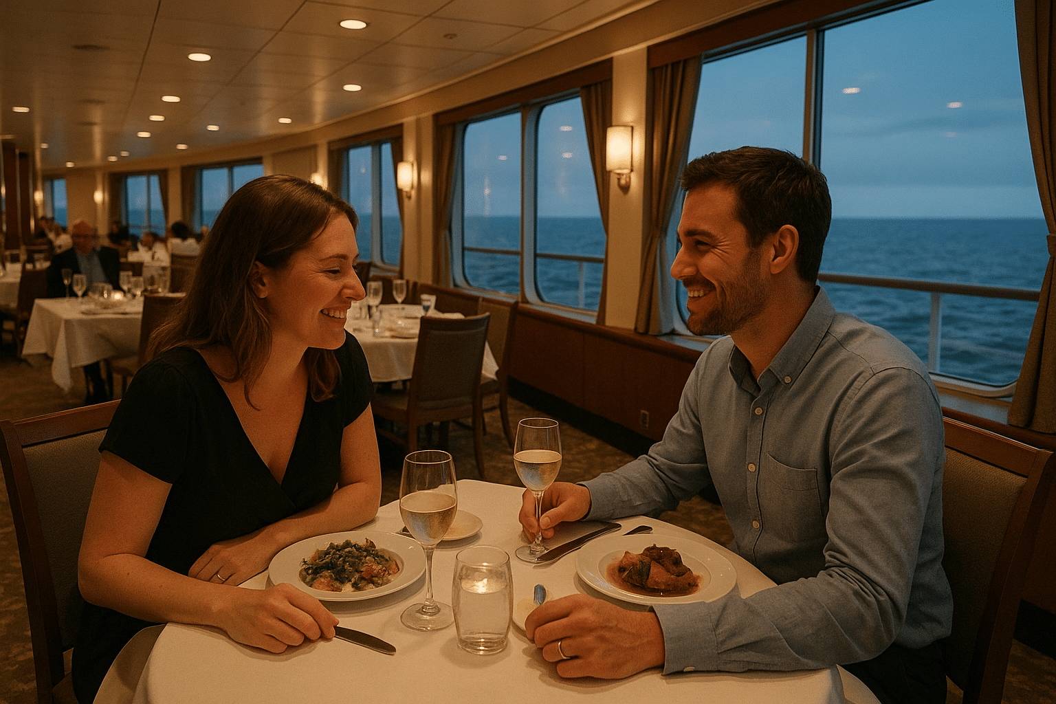 Couple in smart-casual clothing at a dinner table