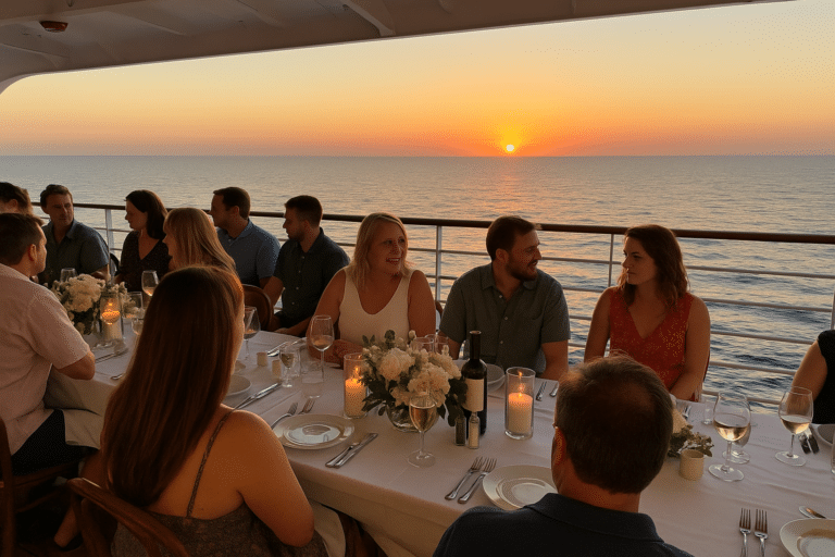 Reception setup on a cruise ship with ocean view.