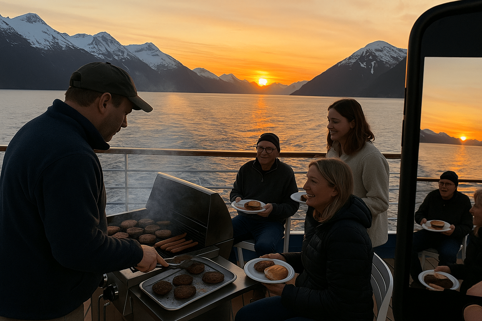Cruise passengers enjoying a barbecue on deck with sunset in Alaska.