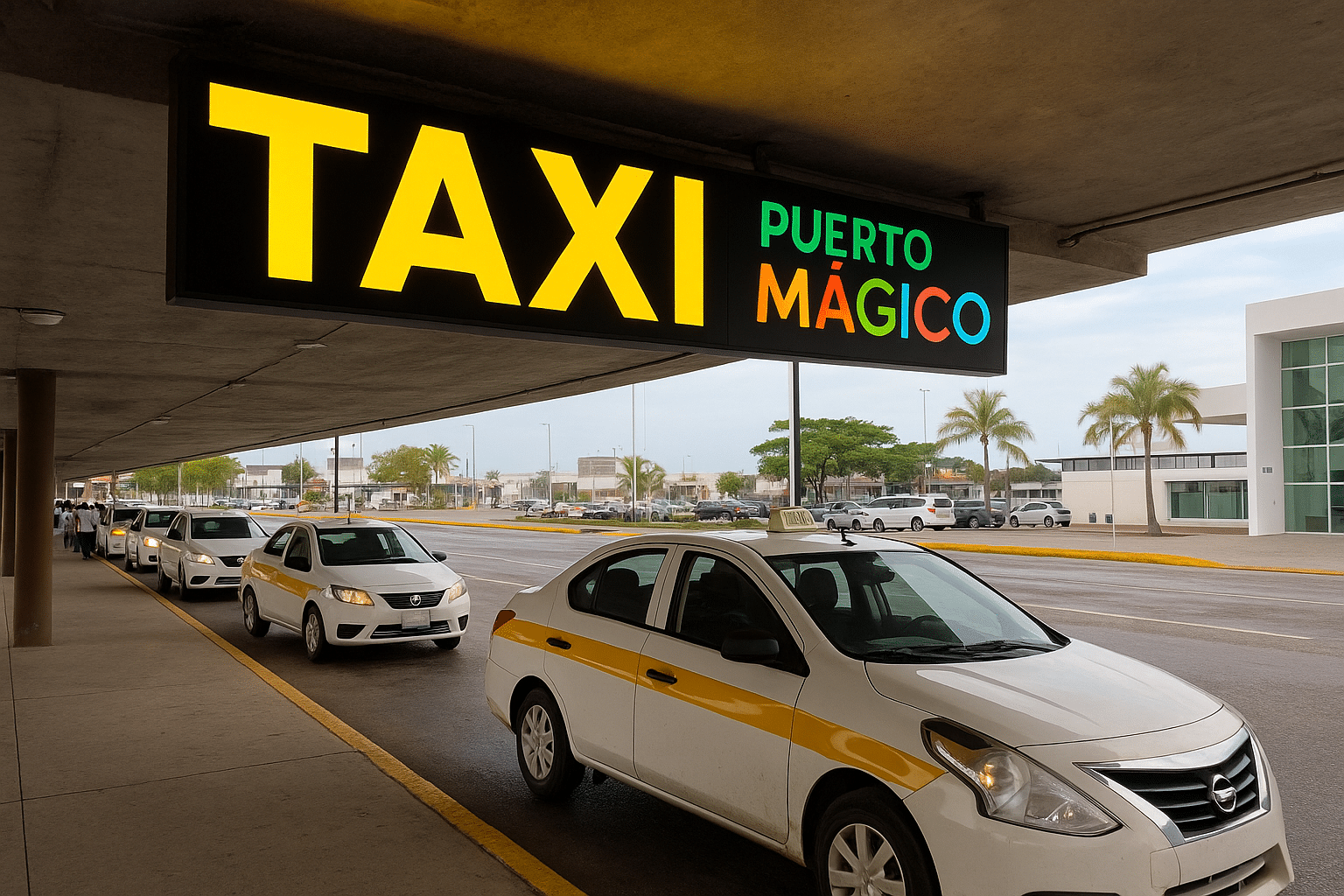 Taxi stand offering transport options at Puerto Mágico