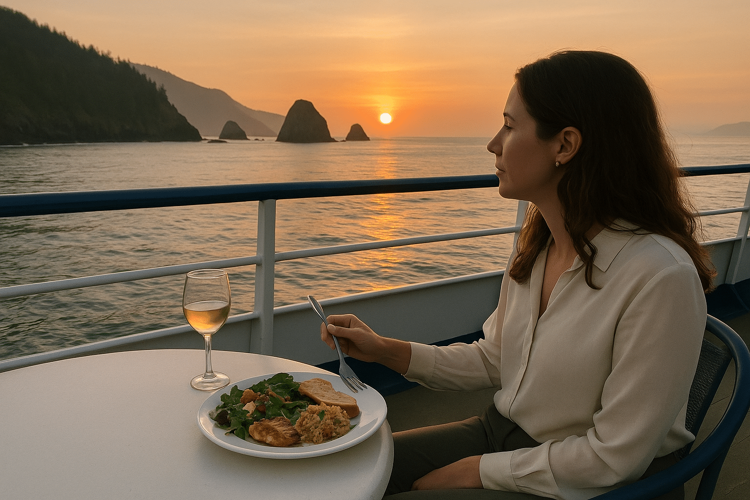 Dining on deck in elegant attire during sunset on Oregon Coast cruise.