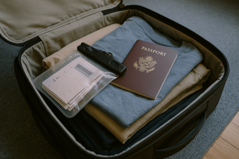 Essentials packed in a carry-on for a cruise.