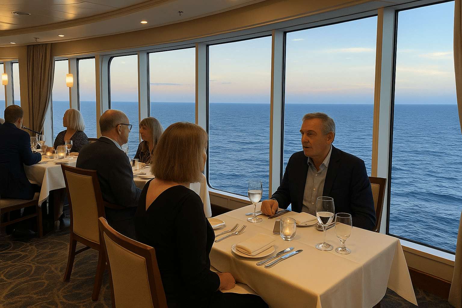 Passengers dressed for dinner on a cruise