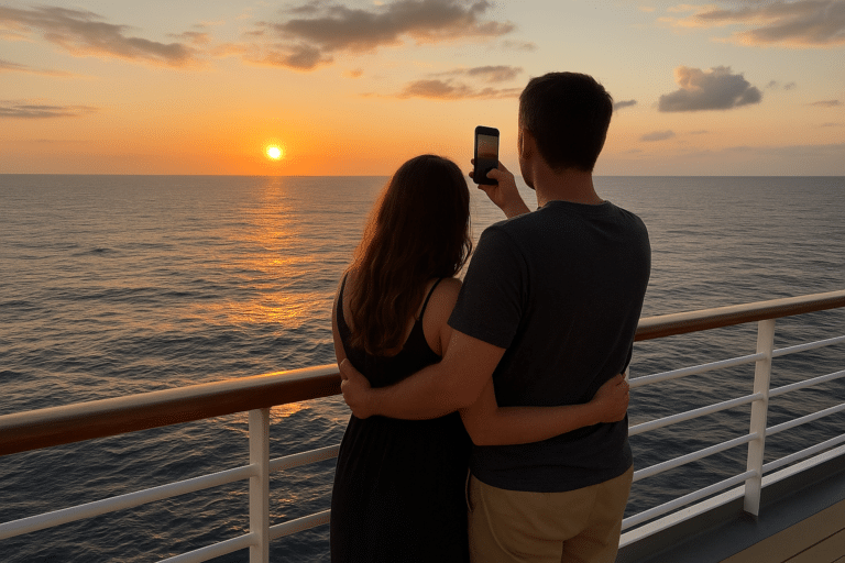 Newlyweds on a cruise ship deck at sunset