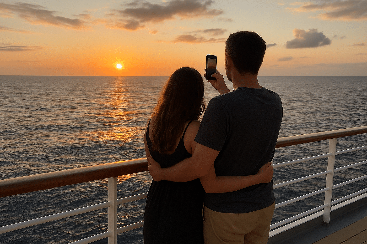 Newlyweds on a cruise ship deck at sunset