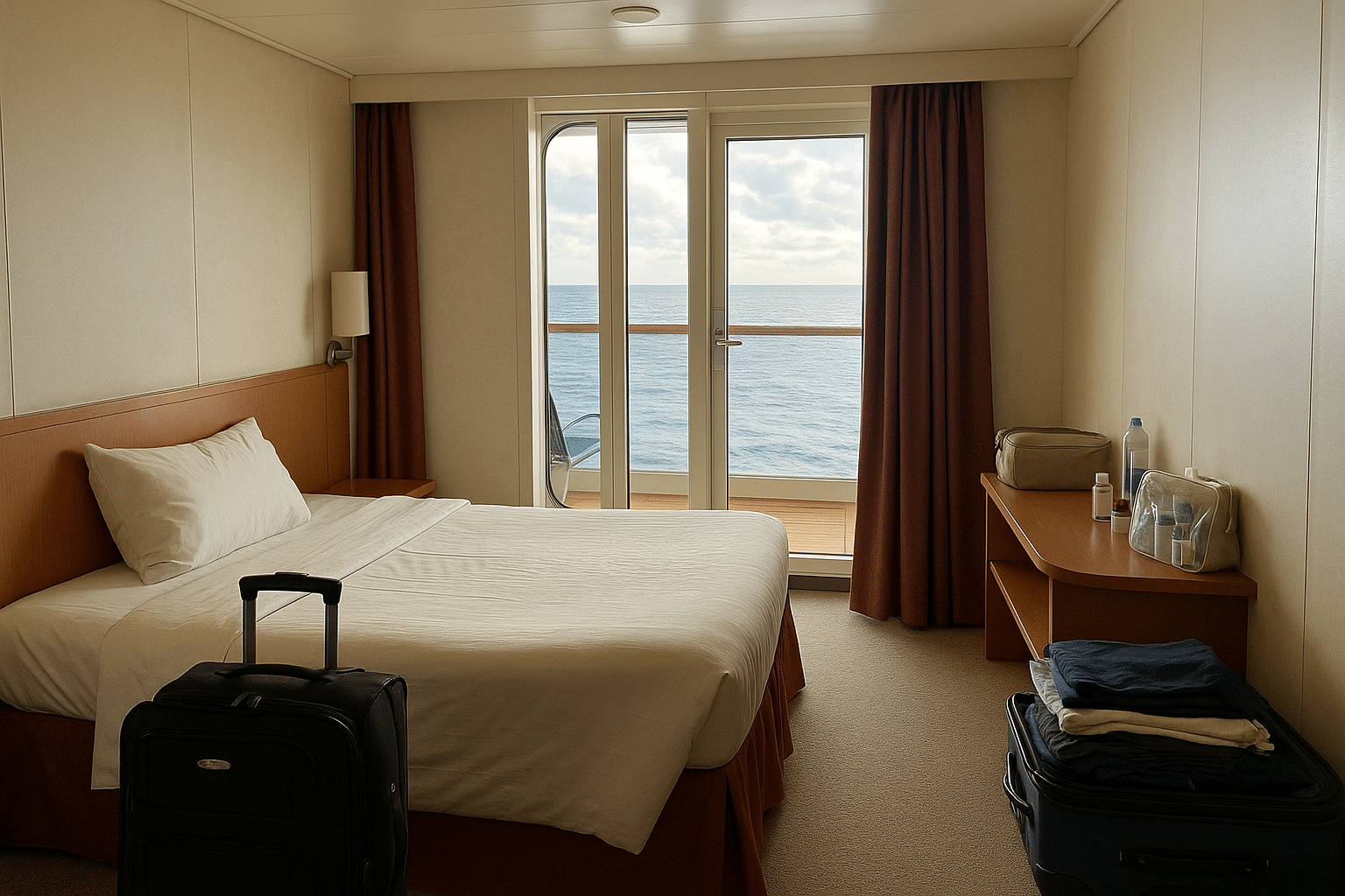 Organized cruise cabin with packed items