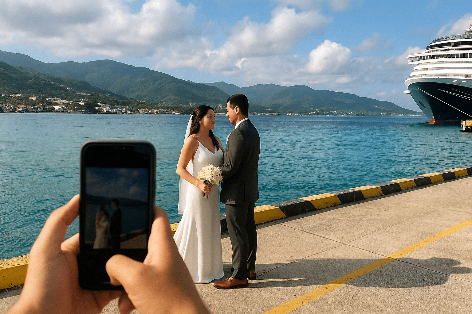 Couple taking wedding photos at port