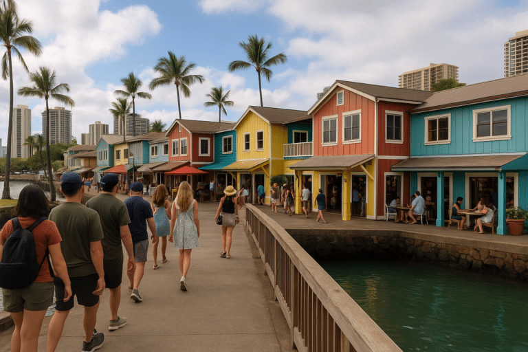 Honolulu waterfront with tourists