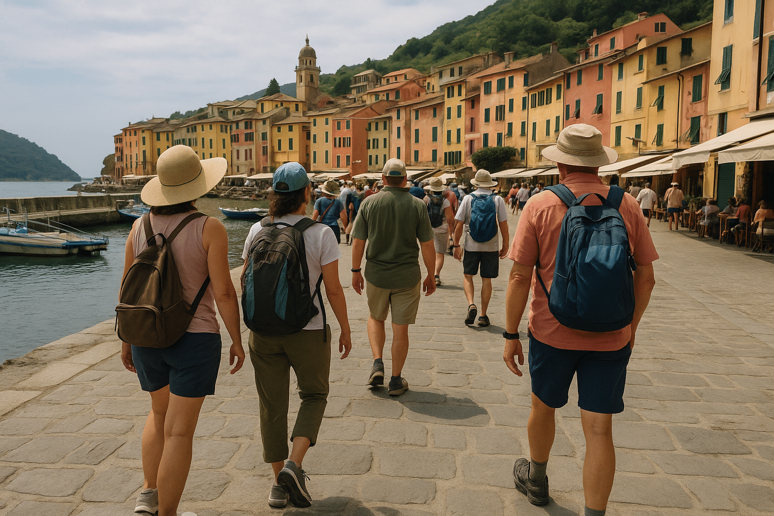 People exploring a coastal town in cruise attire