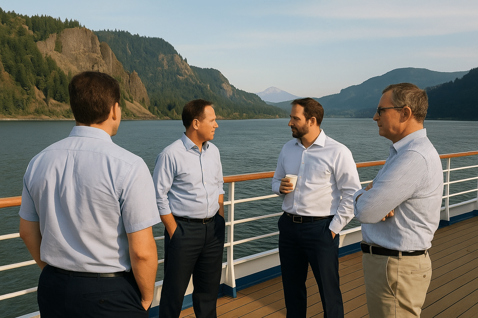 Men in dress attire on Oregon Coast dinner cruise with rocky cliffs.