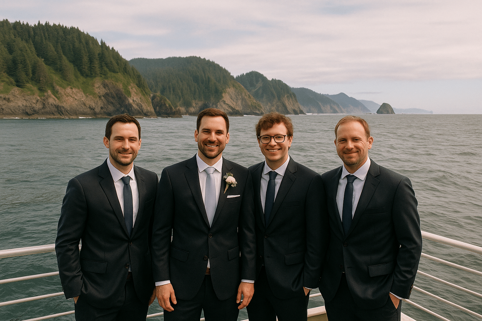 Groom and groomsmen before the cruise wedding.