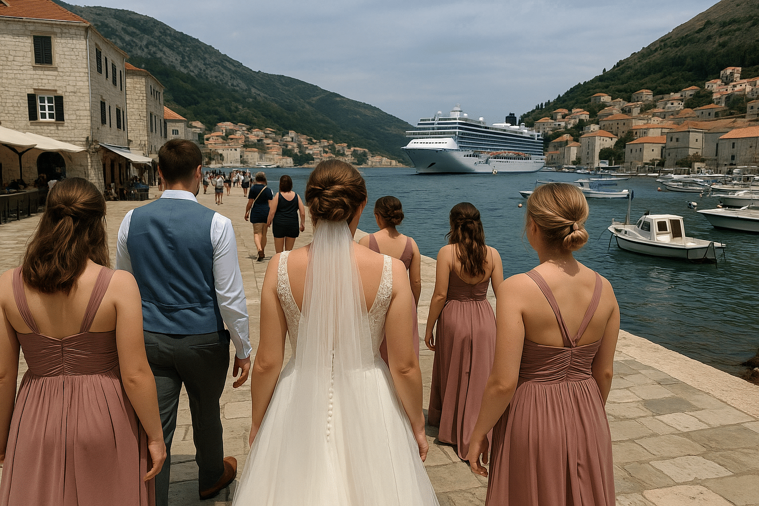 Bridal party enjoying drinks at a port during a cruise