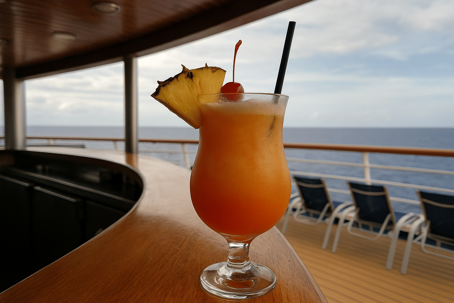 Tropical drink on a cruise ship table overlooking the water