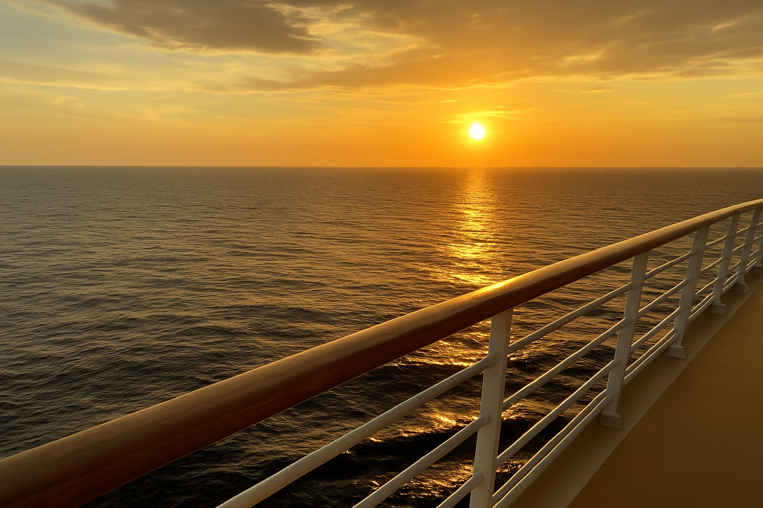 Cruise ship deck at sunset in Alaska.