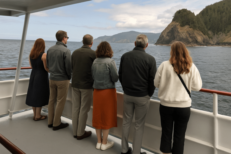 Guests in casual attire enjoying the Oregon Coast views from their cruise.